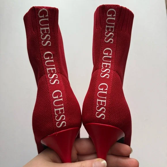 Guess Red Stiletto Knit Sock Mesh Ankle Booties - Picture 5 of 6